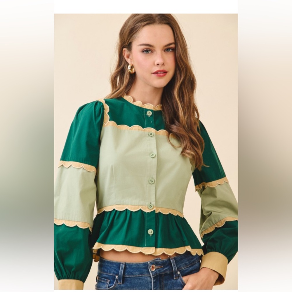 TCEC Color Block Scalloped Detail Peplum Top 100% Cotton